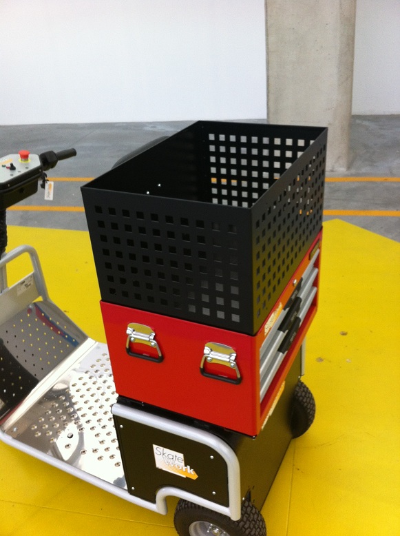 Electric Utility Vehicle with Tool Drawer and Container Kit